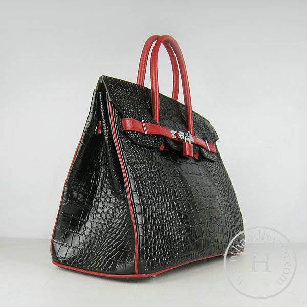 Hermes Birkin 35cm 6089 Black Mix Alligator Leather With Silver Hardware - Click Image to Close