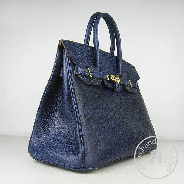 Hermes Birkin 35cm 6089 Dark Blue Ostrich Leather With Gold Hardware - Click Image to Close
