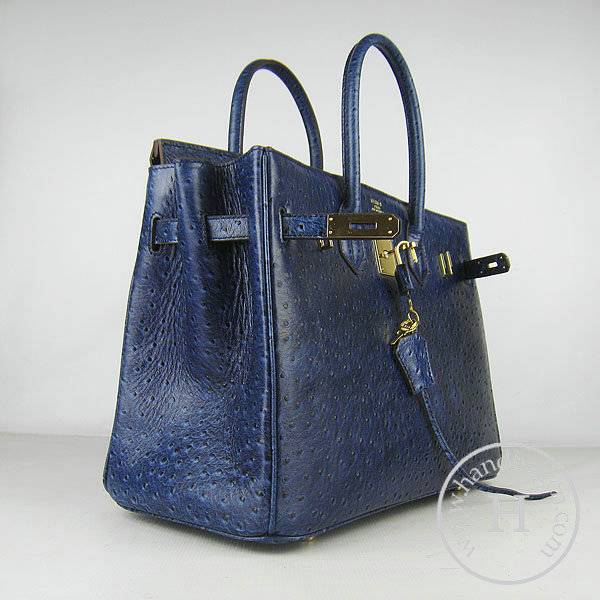 Hermes Birkin 35cm 6089 Dark Blue Ostrich Leather With Gold Hardware