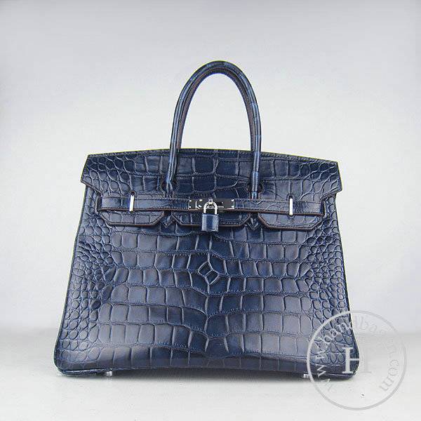 Hermes Birkin 35cm 6089 Dark Blue Big Alligator Leather With Silver Hardware - Click Image to Close
