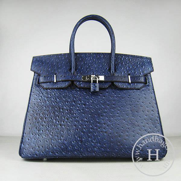 Hermes Birkin 35cm 6089 Dark Blue Ostrich Leather With Silver Hardware - Click Image to Close