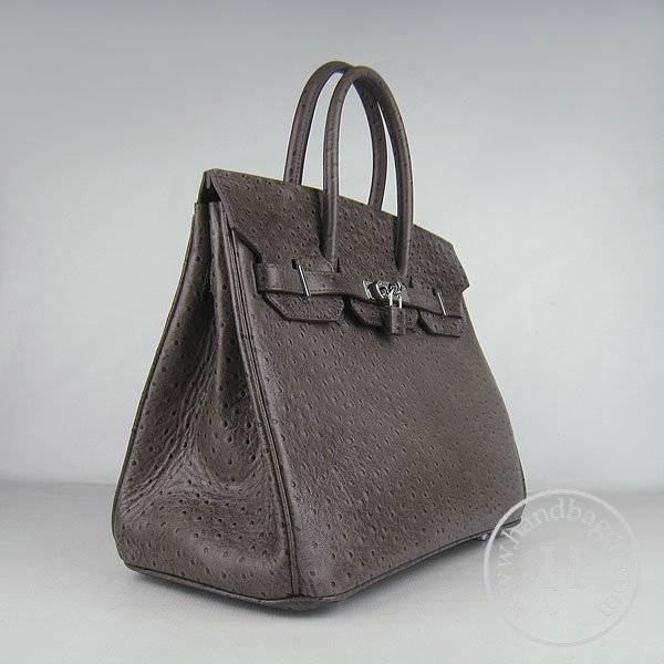 Hermes Birkin 35cm 6089 Dark Coffee Ostrich Leather With Silver Hardware - Click Image to Close