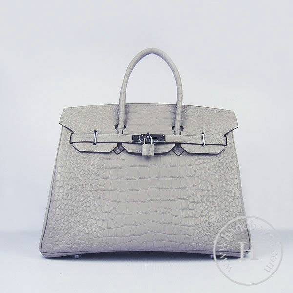 Hermes Birkin 35cm 6089 Gray Alligator Leather With Silver Hardware - Click Image to Close