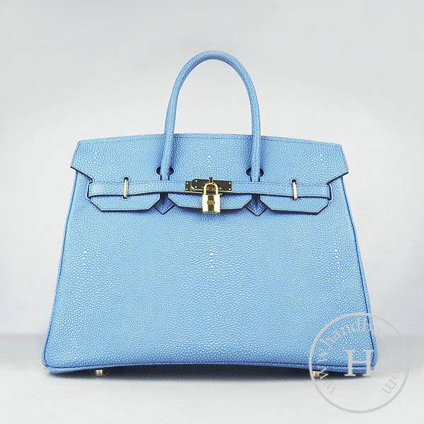 Hermes Birkin 35cm 6089 Light Blue Pearl Leather With Gold Hardware - Click Image to Close