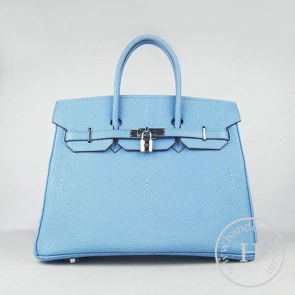 Hermes Birkin 35cm 6089 Light Blue Pearl Leather With Silver Hardware - Click Image to Close