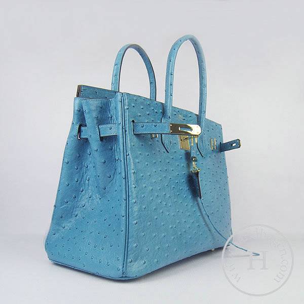 Hermes Birkin 35cm 6089 Medium Blue Ostrich Leather With Gold Hardware