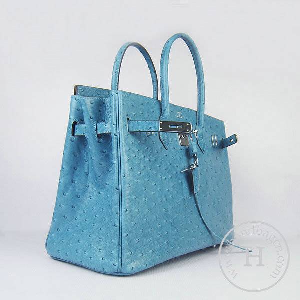 Hermes Birkin 35cm 6089 Medium Blue Ostrich Leather With Silver Hardware - Click Image to Close