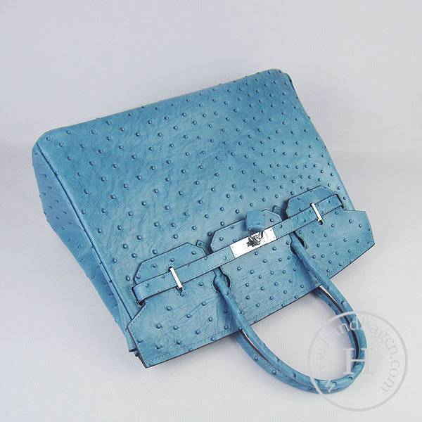 Hermes Birkin 35cm 6089 Medium Blue Ostrich Leather With Silver Hardware - Click Image to Close