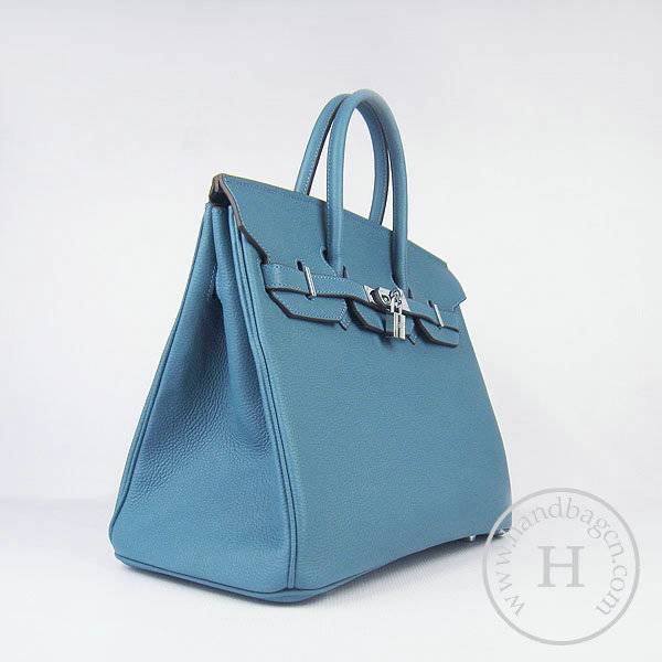 Hermes Birkin 35cm 6089 Medium Blue Cow Leather With Silver Hardware - Click Image to Close