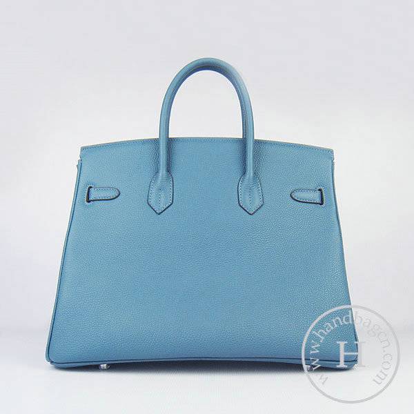 Hermes Birkin 35cm 6089 Medium Blue Cow Leather With Silver Hardware - Click Image to Close