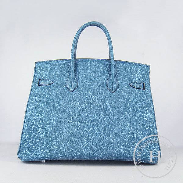 Hermes Birkin 35cm 6089 Medium Blue Pearl Leather With Silver Hardware - Click Image to Close