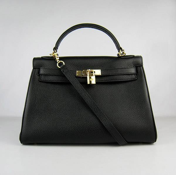 Hermes Mini Kelly 32cm Pouchette 6108 Black Calfskin Leather With Gold Hardware - Click Image to Close