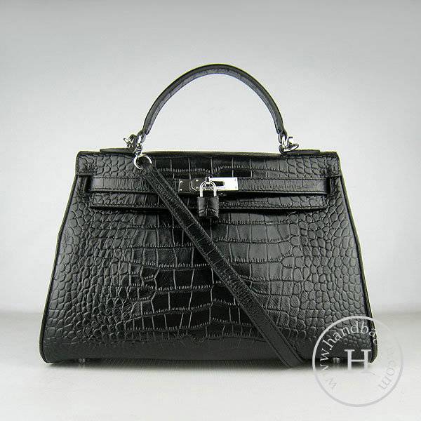Hermes Mini Kelly 32cm Pouchette 6108 Black Alligator Leather With Silver Hardware - Click Image to Close