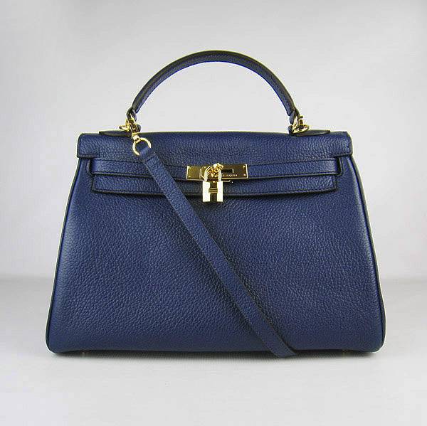 Hermes Mini Kelly 32cm Pouchette 6108 Dark Blue Calfskin Leather With Gold Hardware - Click Image to Close