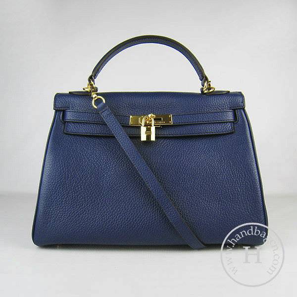 Hermes Mini Kelly 32cm Pouchette 6108 Dark Blue Calfskin Leather With Gold Hardware