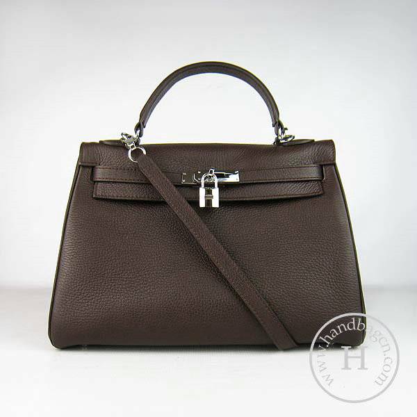 Hermes Mini Kelly 32cm Pouchette 6108 Dark Coffee Calfskin Leather With Silver Hardware - Click Image to Close