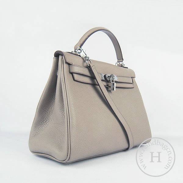 Hermes Mini Kelly 32cm Pouchette 6108 Gray Calfskin Leather With Silver Hardware - Click Image to Close