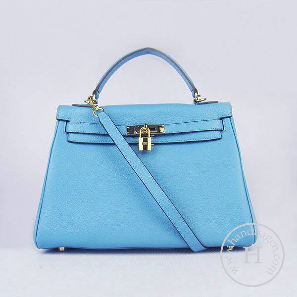 Hermes Mini Kelly 32cm Pouchette 6108 Light Blue Calfskin Leather With Gold Hardware - Click Image to Close