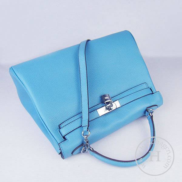 Hermes Mini Kelly 32cm Pouchette 6108 Light Blue Calfskin Leather With Silver Hardware - Click Image to Close