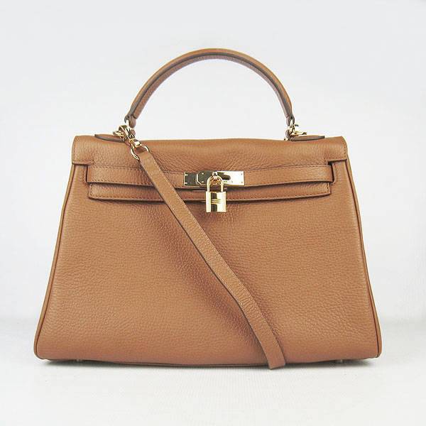 Hermes Mini Kelly 32cm Pouchette 6108 Light Coffee Calfskin Leather With Gold Hardware - Click Image to Close