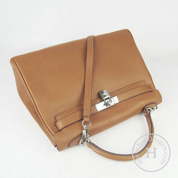 Hermes Mini Kelly 32cm Pouchette 6108 Light Coffee Calfskin Leather With Silver Hardware - Click Image to Close