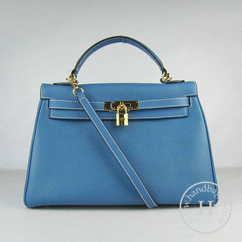 Hermes Mini Kelly 32cm Pouchette 6108 Medium Blue Calfskin Leather With Gold Hardware