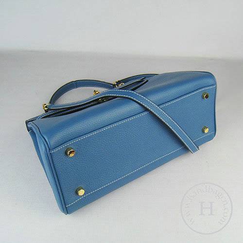 Hermes Mini Kelly 32cm Pouchette 6108 Medium Blue Calfskin Leather With Gold Hardware