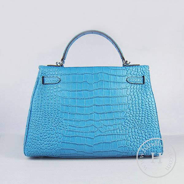 Hermes Mini Kelly 32cm Pouchette 6108 Medium Blue Alligator Leather With Silver Hardware - Click Image to Close