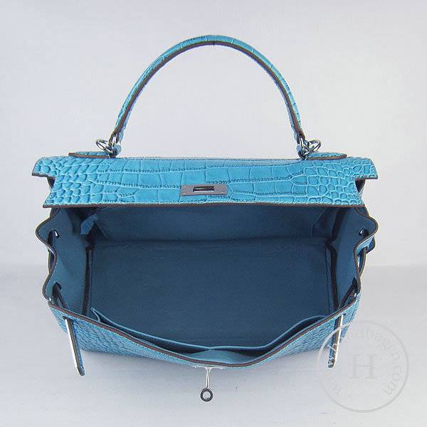 Hermes Mini Kelly 32cm Pouchette 6108 Medium Blue Alligator Leather With Silver Hardware - Click Image to Close