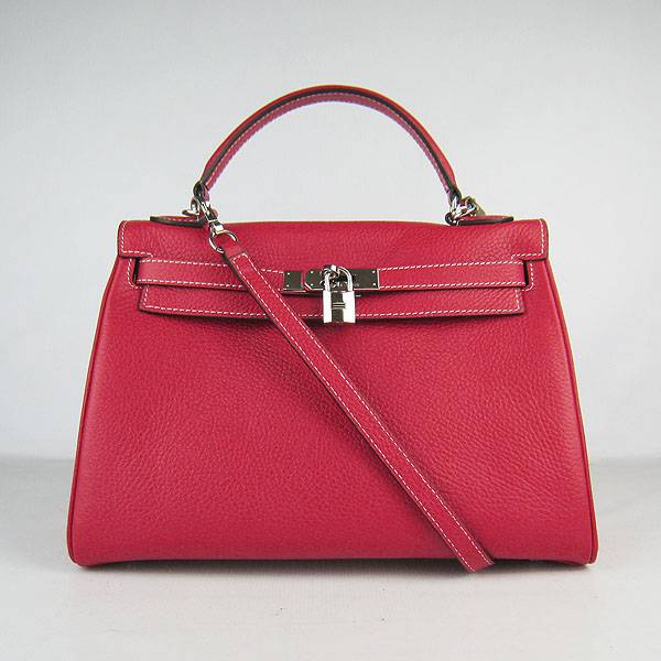 Hermes Mini Kelly 32cm Pouchette 6108 Red Calfskin Leather With Silver Hardware - Click Image to Close