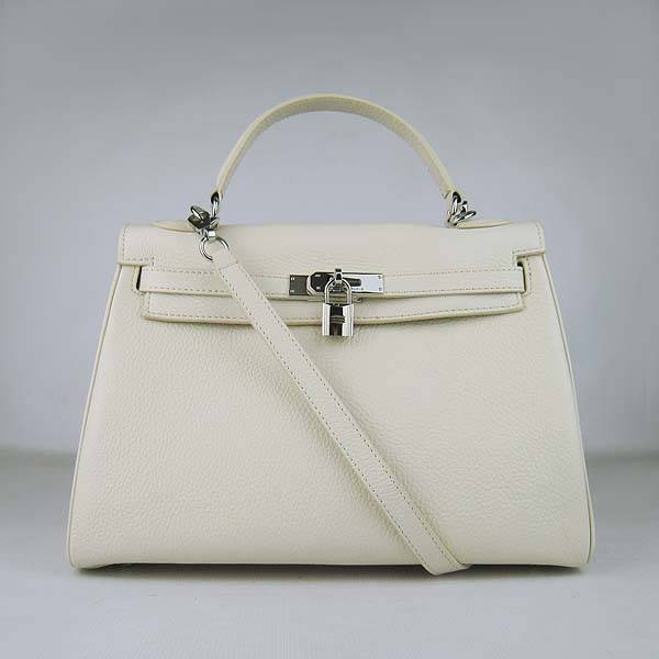 Hermes Mini Kelly 32cm Pouchette 6108 Cream Calfskin Leather With Silver Hardware - Click Image to Close