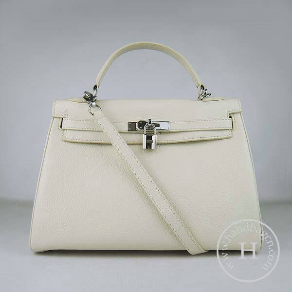 Hermes Mini Kelly 32cm Pouchette 6108 Cream Calfskin Leather With Silver Hardware - Click Image to Close