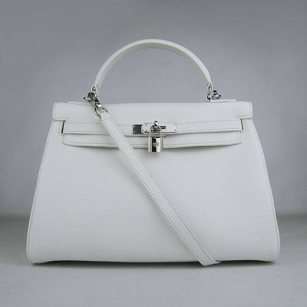 Hermes Mini Kelly 32cm Pouchette 6108 White Calfskin Leather With Silver Hardware - Click Image to Close