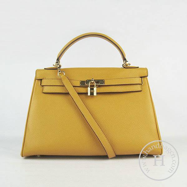 Hermes Mini Kelly 32cm Pouchette 6108 Yellow Calfskin Leather With Gold Hardware - Click Image to Close
