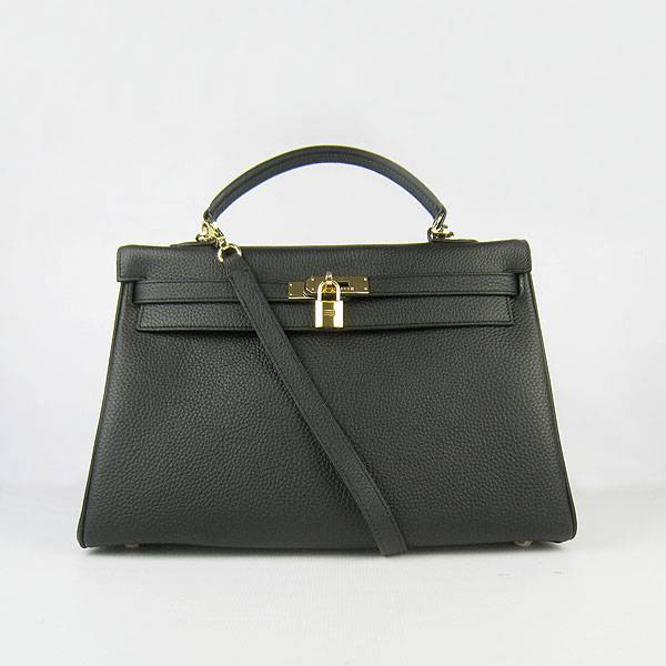 Hermes Mini Kelly 35cm Pouchette 6308 Black Calfskin Leather With Gold Hardware - Click Image to Close