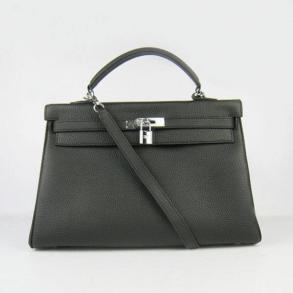 Hermes Mini Kelly 35cm Pouchette 6308 Black Calfskin Leather With Silver Hardware - Click Image to Close