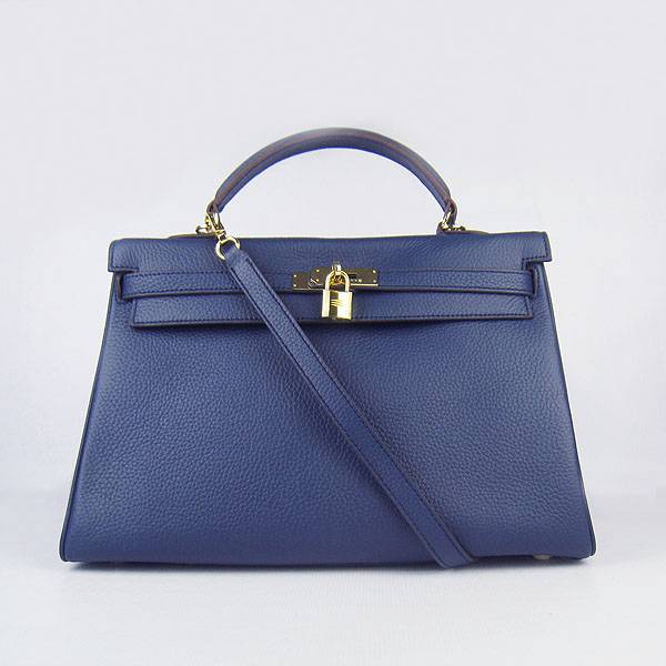 Hermes Mini Kelly 35cm Pouchette 6308 Dark Blue Calfskin Leather With Gold Hardware