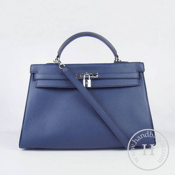 Hermes Mini Kelly 35cm Pouchette 6308 Dark Blue Calfskin Leather With Silver Hardware