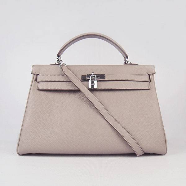 Hermes Mini Kelly 35cm Pouchette 6308 Gray Calfskin Leather With Silver Hardware - Click Image to Close