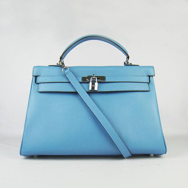 Hermes Mini Kelly 35cm Pouchette 6308 Light Blue Calfskin Leather With Silver Hardware - Click Image to Close