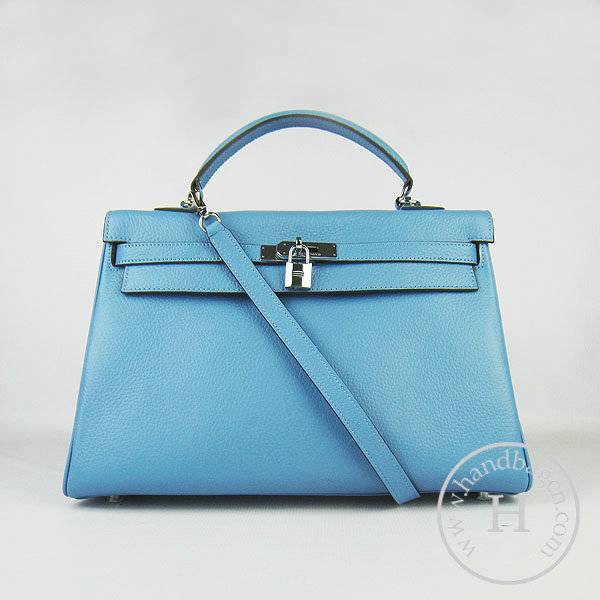 Hermes Mini Kelly 35cm Pouchette 6308 Light Blue Calfskin Leather With Silver Hardware