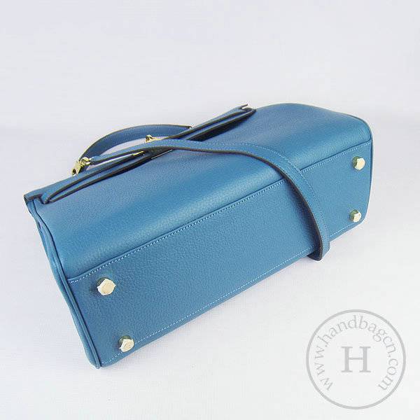 Hermes Mini Kelly 35cm Pouchette 6308 Medium Blue Calfskin Leather With Gold Hardware