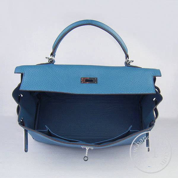 Hermes Mini Kelly 35cm Pouchette 6308 Medium Blue Calfskin Leather With Silver Hardware - Click Image to Close