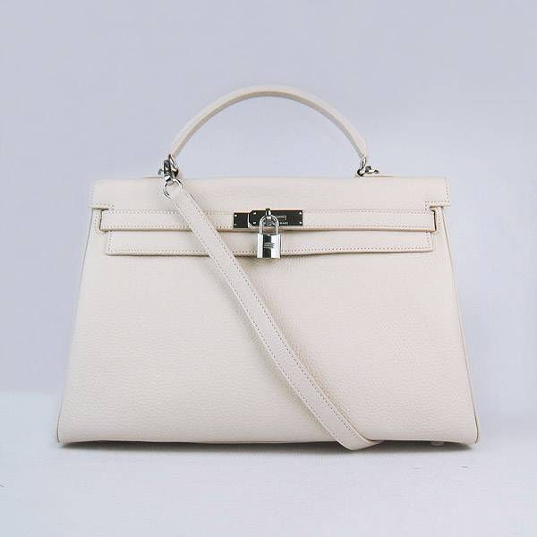 Hermes Mini Kelly 35cm Pouchette 6308 Cream Calfskin Leather With Silver Hardware - Click Image to Close
