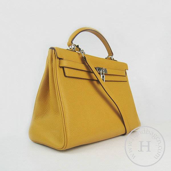 Hermes Mini Kelly 35cm Pouchette 6308 Yellow Calfskin Leather With Silver Hardware - Click Image to Close