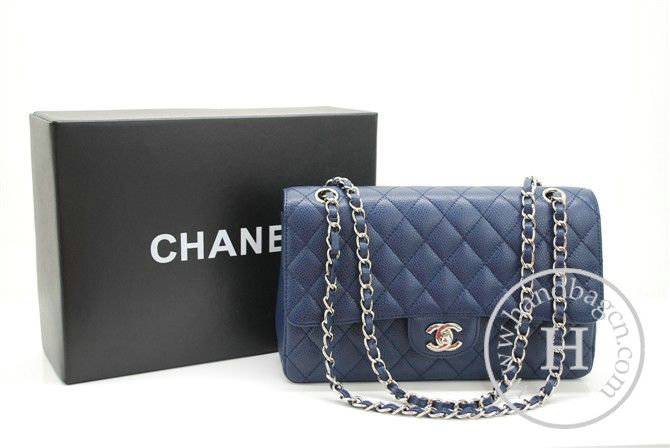 Chanel A1112 Designer Handbag Blue Original Caviar Leather With Silver Hardware