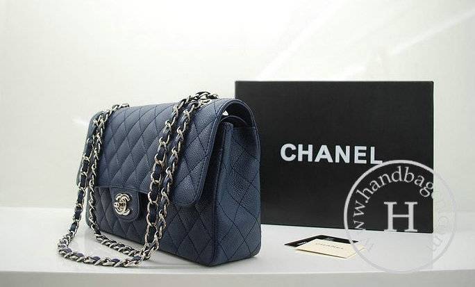 Chanel A1112 Designer Handbag Blue Original Caviar Leather With Silver Hardware