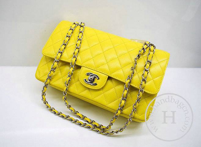 Chanel A1112 Designer Handbag Yellow Original Caviar Leather With Silver Hardware - Click Image to Close