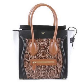 Celine Luggage Mini 33cm Tote Leather Bag - 98170 Dark Coffee Snake Veins - Click Image to Close