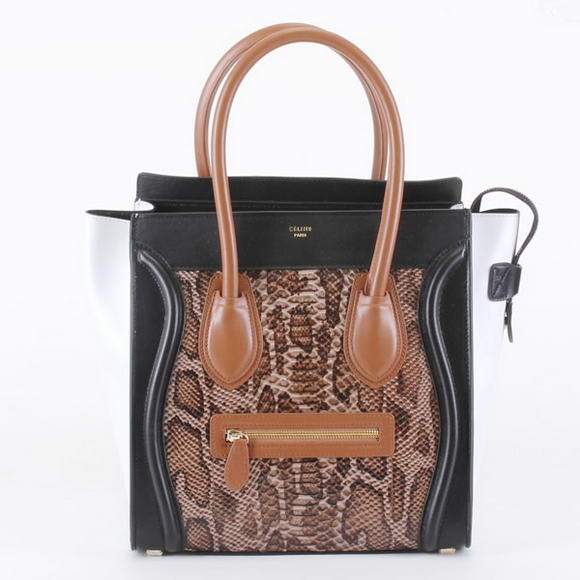 Celine Luggage Mini 33cm Tote Leather Bag - 98170 Dark Coffee Snake Veins - Click Image to Close